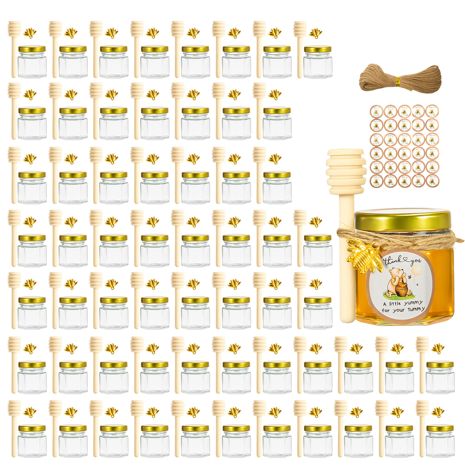 TEMU 50/60er Mini Honigglas Set, 1,5 oz Wabenförmige Glasflaschen mit Holzlöffel, Goldenen Deckeln, Bienenanhänger, Jutesäckchen & Etiketten für DIY