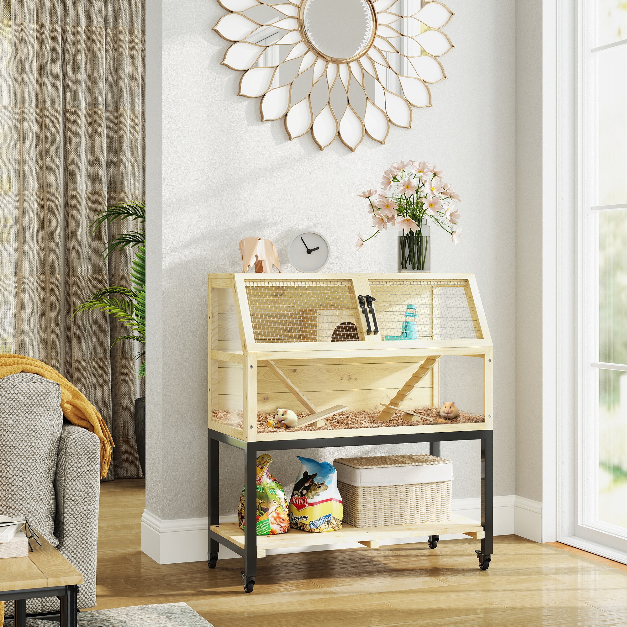 Image of Wooden Hamster Cage With Platform, Water Bottle, Hut, , Small Animal Cage With Wheels, Ramps, For Dwarf Hamsters, Natural Wood, 87 X 101 Cm