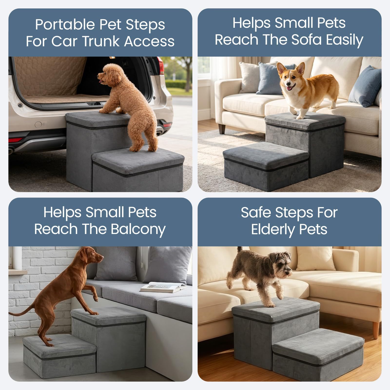 Dog Stairs with Storage, Foldable Pet Steps for Bed and Sofa