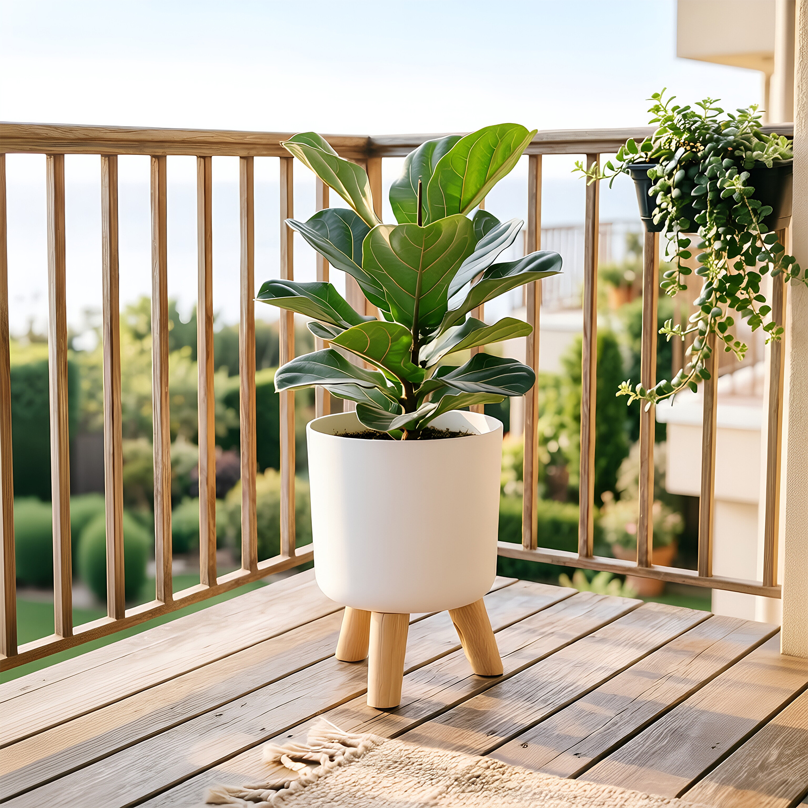 TEMU 1pc Elevated Nordic Plant Pot Flower Pot With Natural Wooden Legs, 7/9/11 Inch Cylinder Plant Pot, Wood Stand White Planter, Plant Stand Display