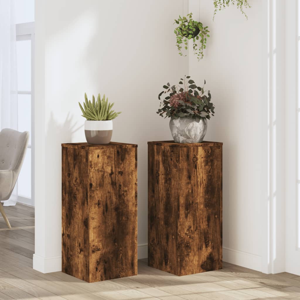 Image of Vidaxl Plant Stands 2pcs., Flower Stands Hollow Construction, Decorative Column Pedestal For Plants Decorative Items, Flower Stools Flower Column, Smoked Oak Wood Material