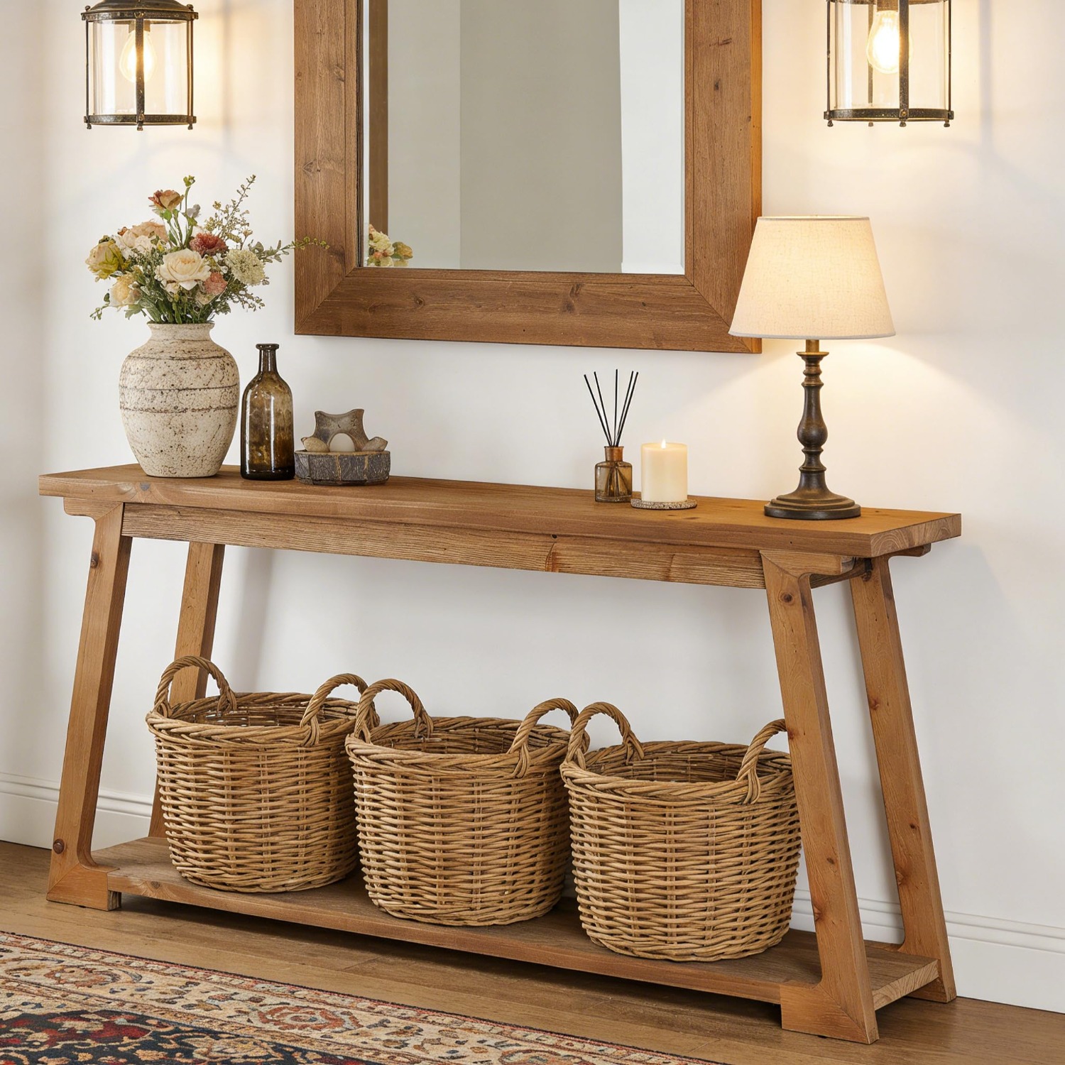 Image of Long Console, 63 Inches (. 160 Cm), With Wood Shelves And Storage Space, Slim Tabletop Behind The Couch, For Living Room, Hallway, And Entryway
