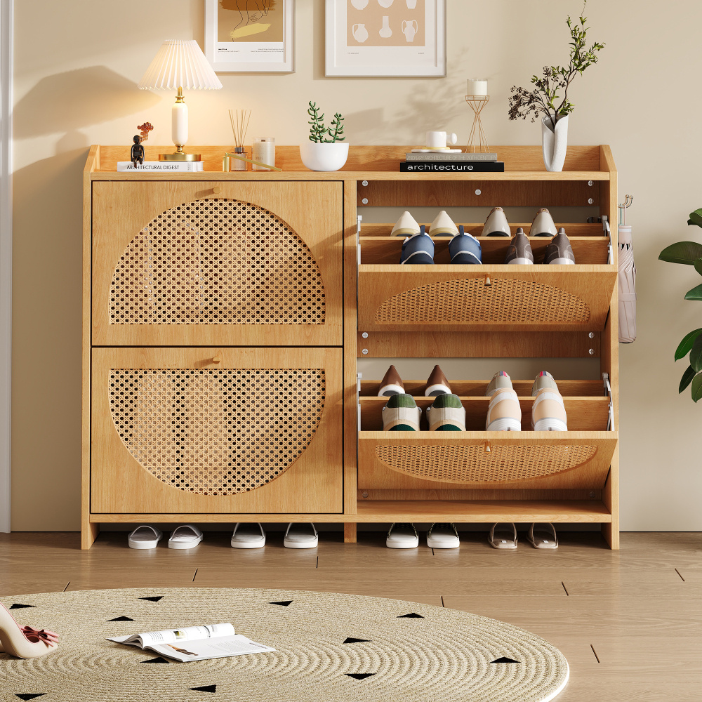 Slim Shoe Cabinet 120×24×90cm Mdf With Rattan Folding Doors, 8 Compartments Two-tier, Hooks & Shelf, Ventilated, 30kg Load Capacity, Space- For Hallway