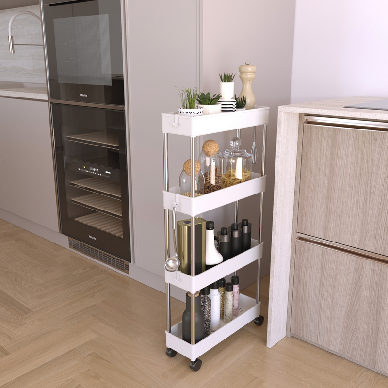 TEMU Space-saving Narrow 13 Cm Cart With Wheels, Kitchen & Bathroom Organizer, 4-tier Cabinet For Spices, Detergents, Laundry, Cart With Hooks, Pp &