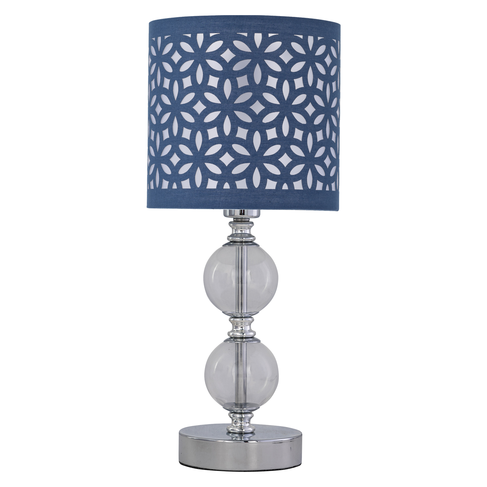 First Choice Lighting Chrome Two Ball Table Lamp with Navy Blue Cut Out Shade in Silver