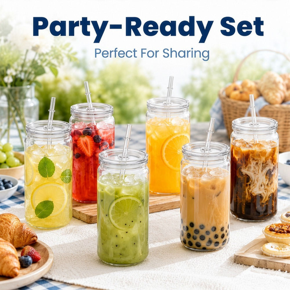 TEMU 6pcs Transparent Double-walled Cups With Lids & Straws – Can-shaped Glasses For Iced Coffee, Smoothies, Juice, Travel, Cycling & Camping