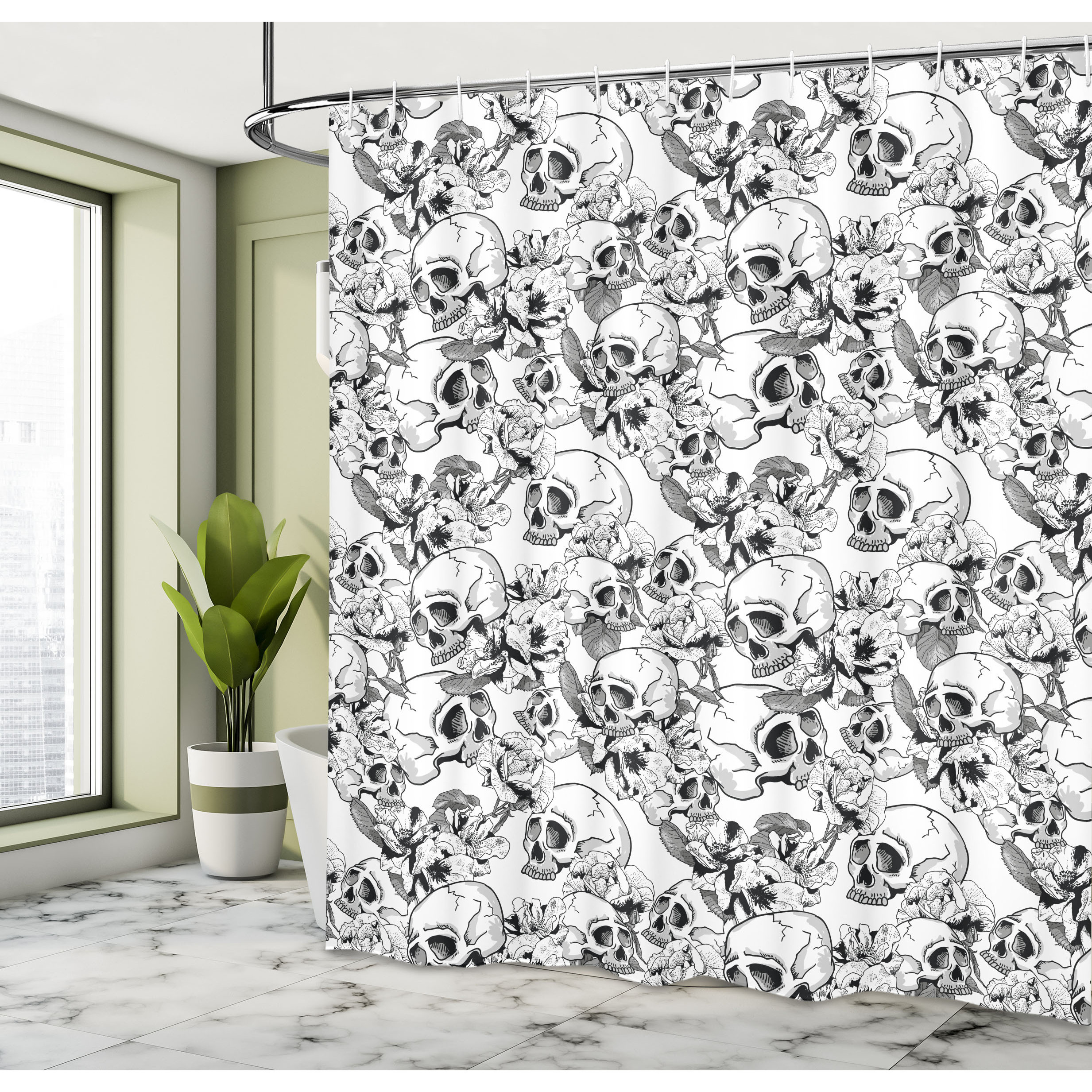 Image of Party Shower Curtain, Sketch Of Dead , Fabric Bathroom Decoration Set With Hooks, 175 X 200 Cm, Black And White
