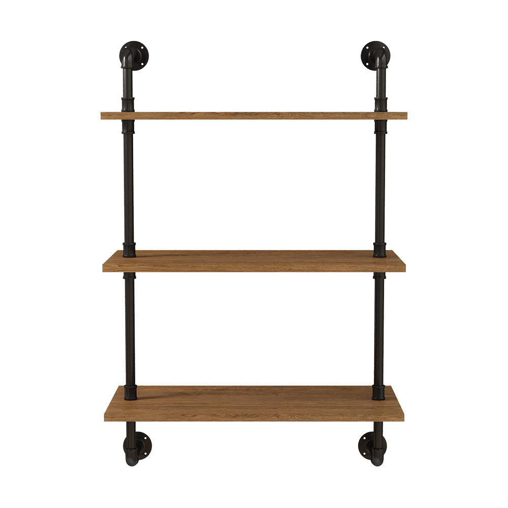 3 Tier Industrial Pipe Floating Shelf with Solid Wood Board, Open Vertical Shelf Rustic Wall Mounted BookShelf Space-saving Storage Rack, Easy Assembly, Kitchen Spice Rack, Bathroom Shelf, Storage Organizer for Books, Pictures, Plants, Sundries in Living Room, Bedroom, Hallway, Entryway, 60x30x89.7cm