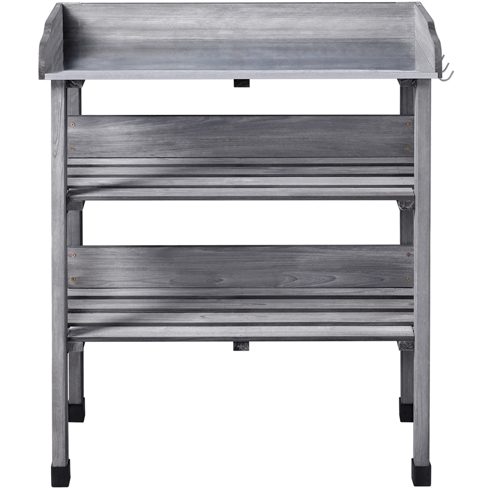 Costoffs -tier Plant Table With Galvanized Worktop & 2 Storage Compartments & 3 Hooks Flower Table