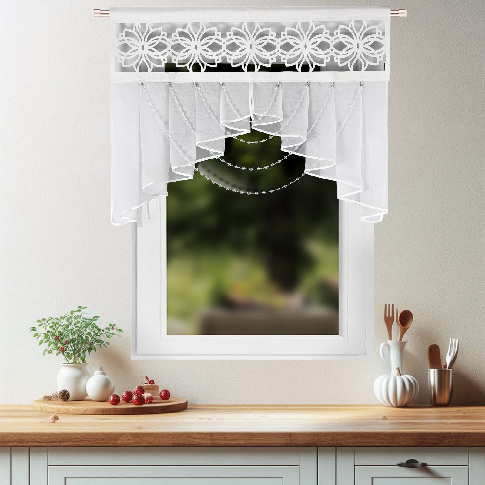 TEMU Short Curtain 1pc 100x85cm, Decorative Beaded Panel Sheer Layered Window Treatment With Cut-out Upper Section, Rod Pocket Tunnel Top, Clip