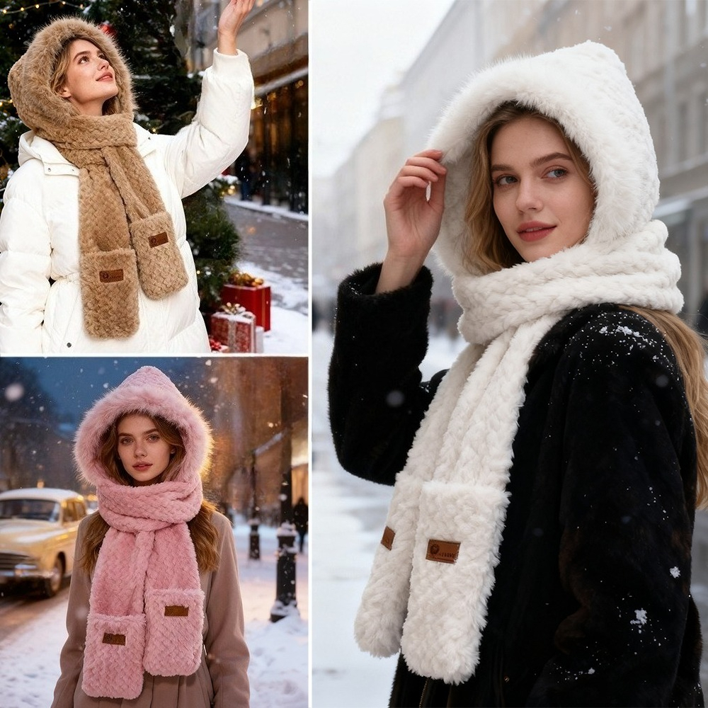 TEMU Women's Cozy Hooded Scarf, Integrated Ear Protection & Scarf With Pockets, Warm Winter Essential For Daily Use, Hiking And City Strolls,