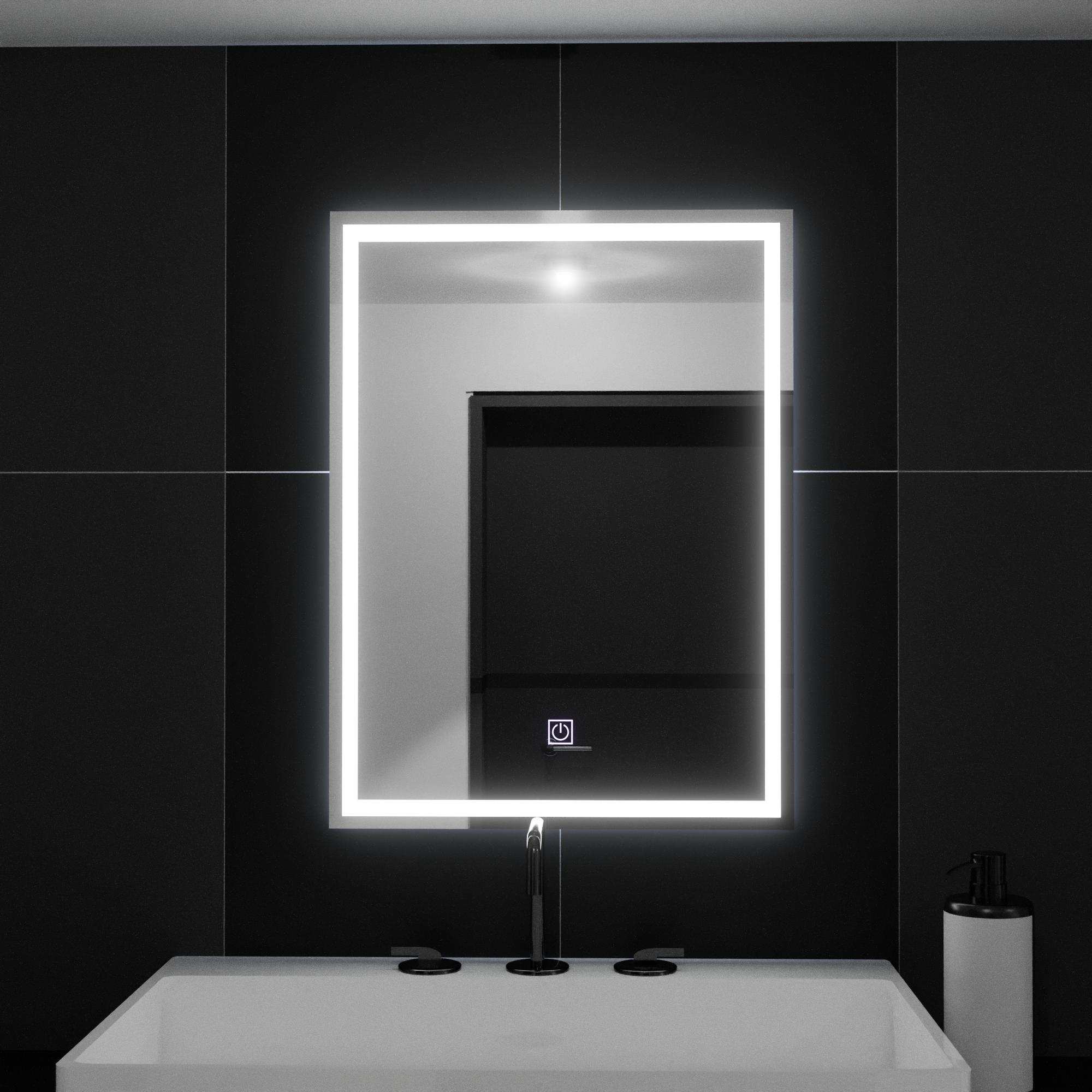 TEMU Espejo LED rectangular con garantía de 2 años, 50x70cm, FRAME Basic Touch, altura 70cm, 6000k, 50cm, material de cristal, fuente de iluminación