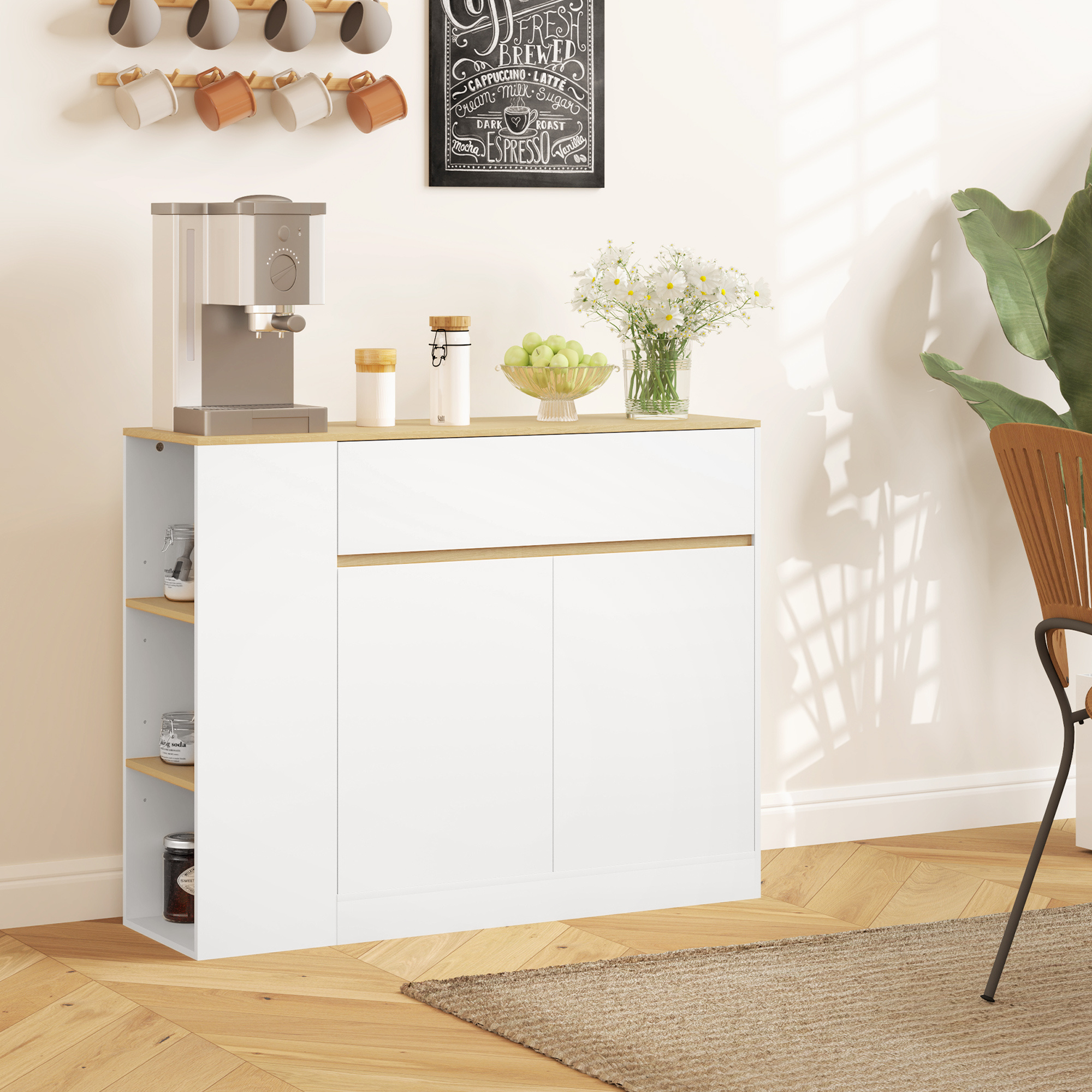 Sideboard Kitchen Cabinet With Drawer, 2 Doors, Adjustable Shelves, Buffet Cabinet For Kitchen, Living Room, Dining Room, 106 X 30 X 81.2 Cm White