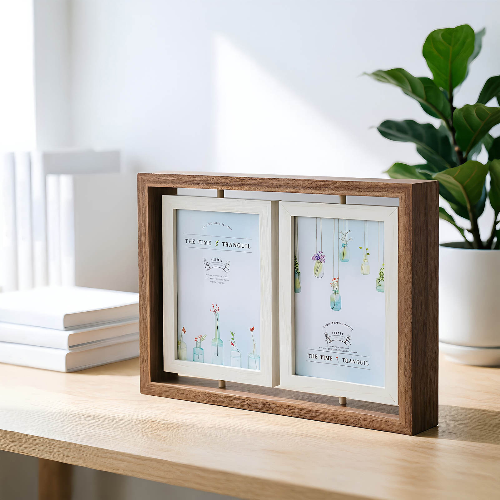 TEMU 1pc Dark Walnut Rotating Photo Frame Double Sided Photo Frame Rotating Floating Photo Frame 360° Spinning Wooden Tabletop Display For Photos