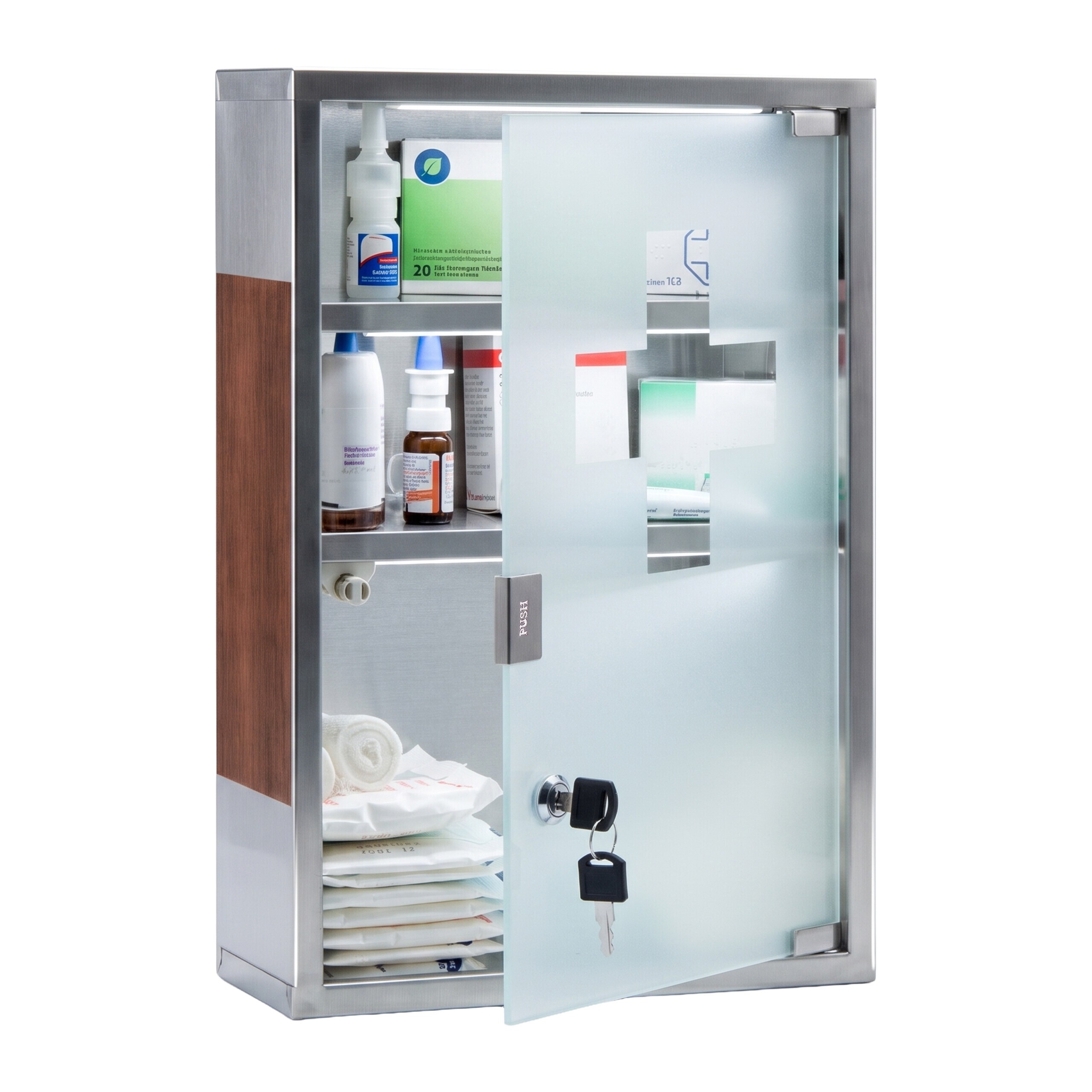 TEMU Armoire à pharmacie motif croix, acier inoxydable et verre dépoli, 45 x 30 x 12 cm, 3 compartiments, porte verrouillable avec 2 clés, fixation
