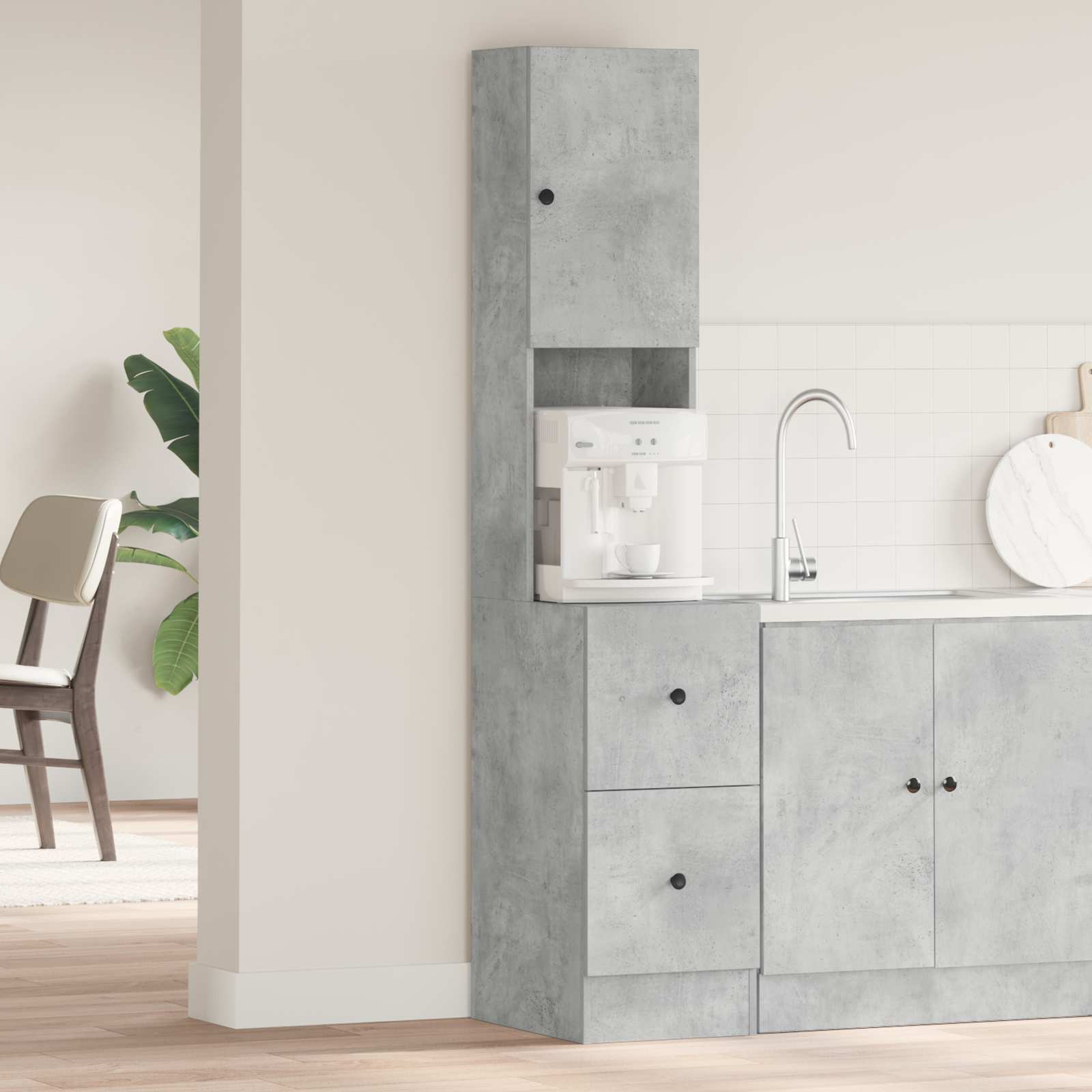Image of Grey Kitchen Cabinet 35 X 50 X 180 Cm Wood Material, Stylish Kitchen Storage, Rectangular Cabinet Design, Long-lasting Wooden Furniture Piece With Shelves