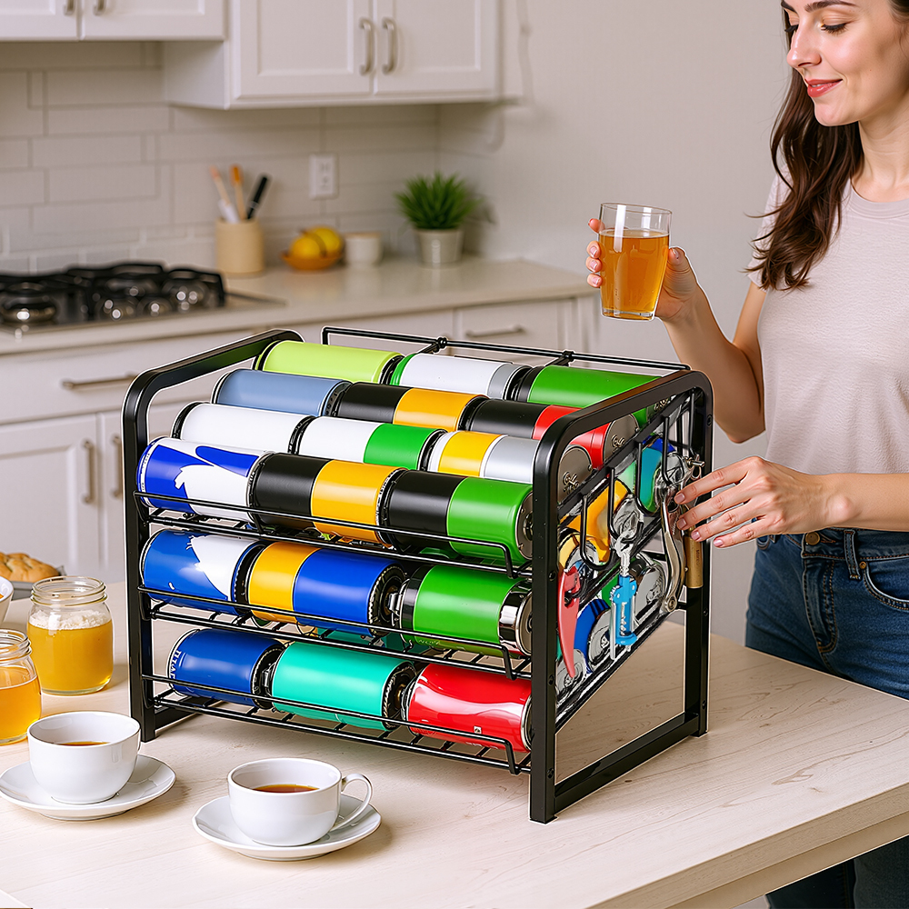 TEMU 3-tier Countertop Can Storage Shelf With Hooks, Staircase Design Organizer For , Beer, Beverages And Canned Food, Carbon Steel, Kitchen Storage