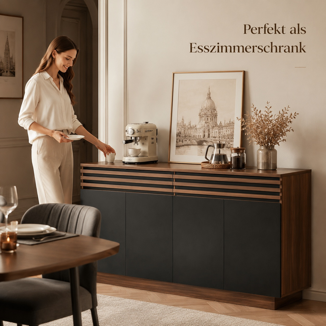 Image of Sideboard Italian Design Walnut Look Black With 2 Drawers Storage Cabinet For Dining Room Living Room Hallway, 150 X 40 X 85 Cm