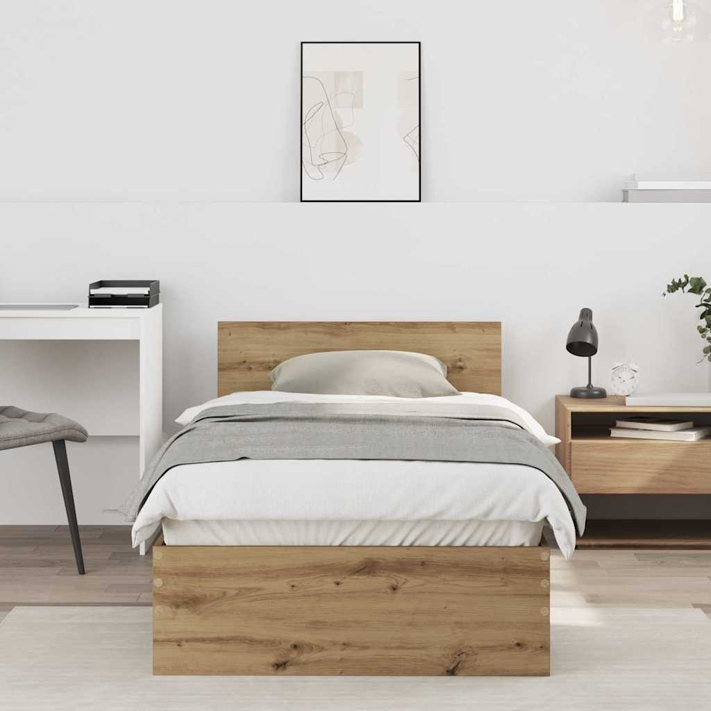 Image of Vidaxl Bed Frame With Headboard - Oak 75 X 190 Cm Wood Material, Modern Bed Frame With Headboard, Stylish Furniture For Apartments, Space-, Sturdy And Comfortable