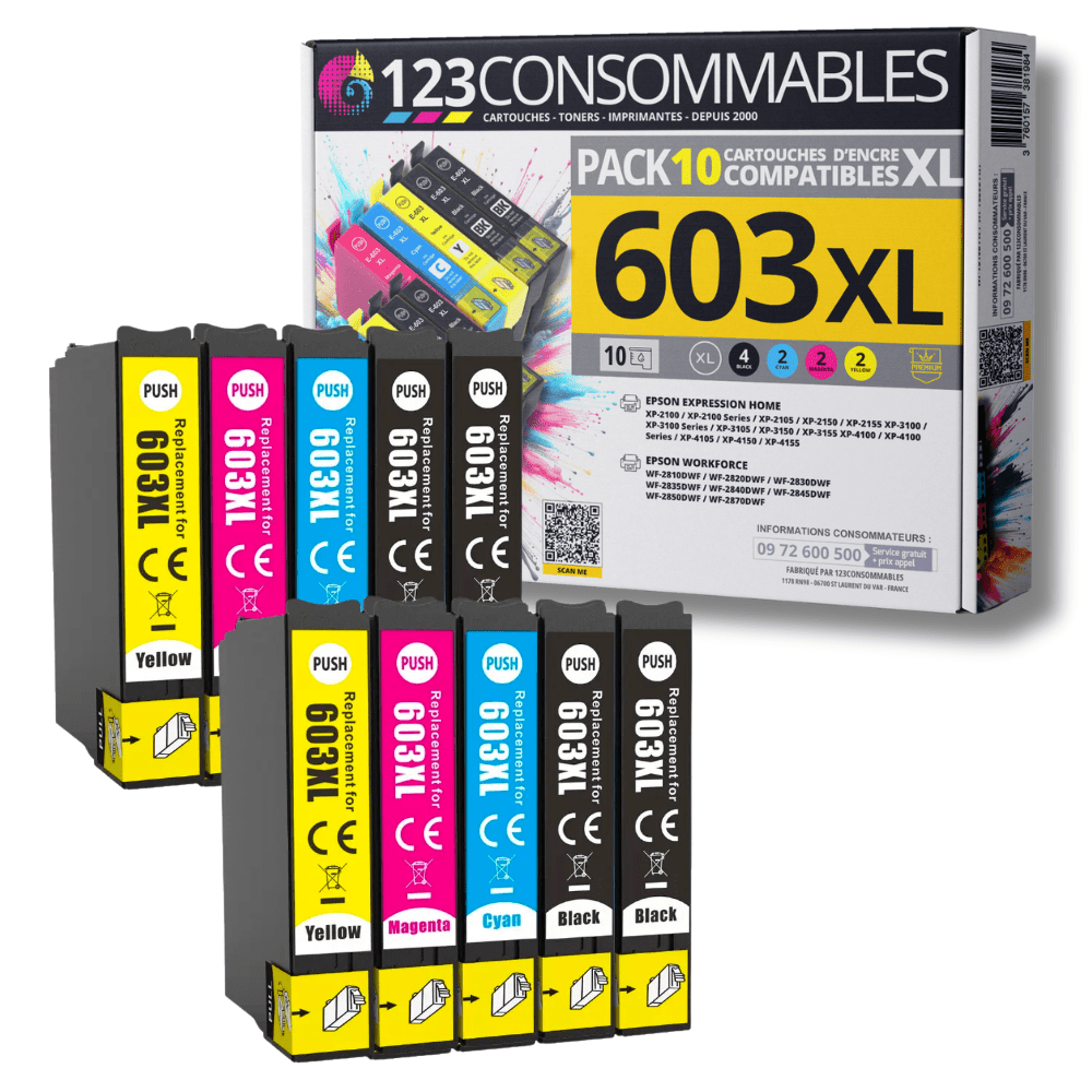 TEMU 123CONSOMMABLES - 603XL - Pack de 10 Cartouches d'encre Compatible pour Epson 603 XL de Mer - pour Epson XP-2100 XP-2155 XP-3100 XP-4100 WF-2820