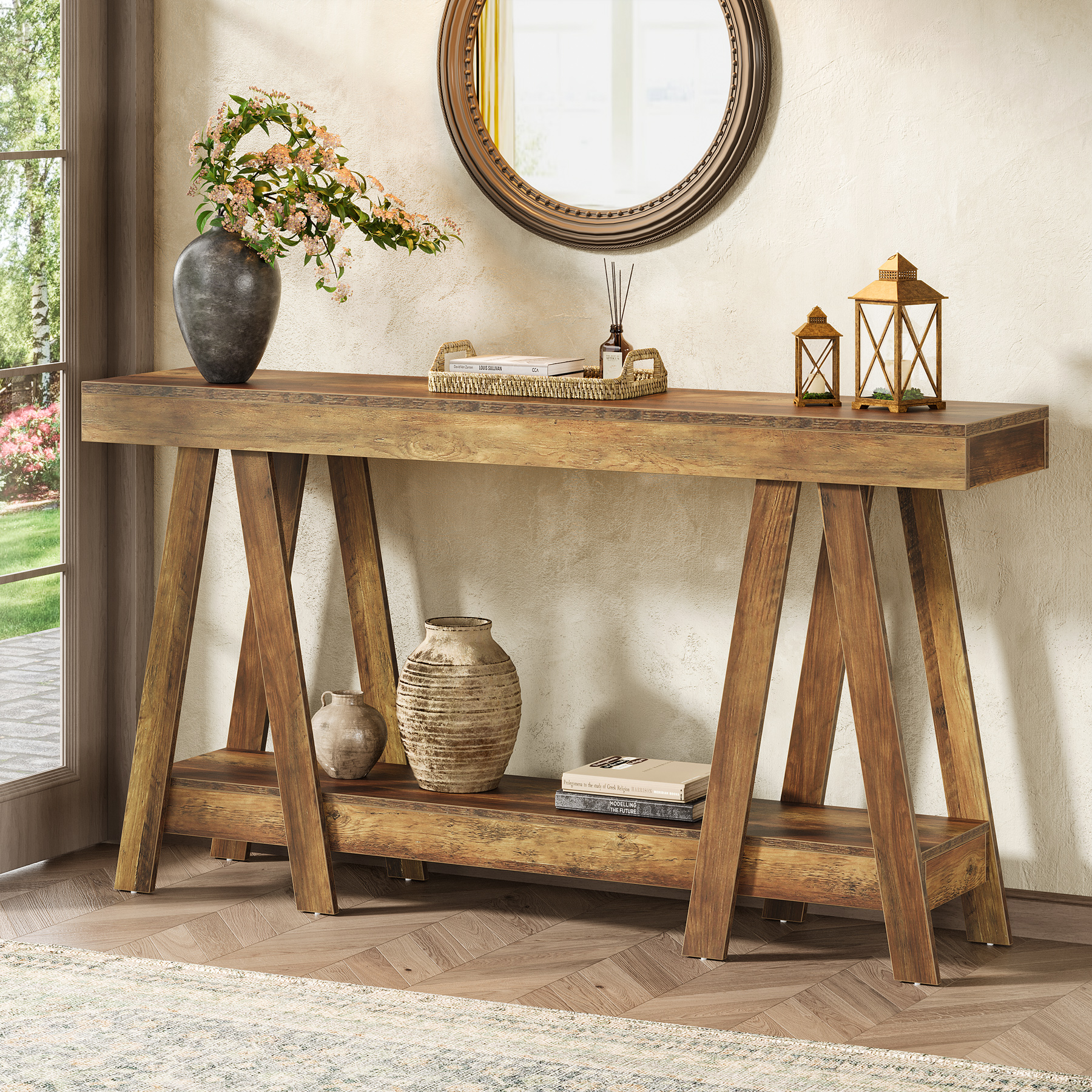 TEMU Table console de ferme de 180 cm (70.87 pouces), table d'entrée à 2 niveaux pour salon, foyer le canapé.
