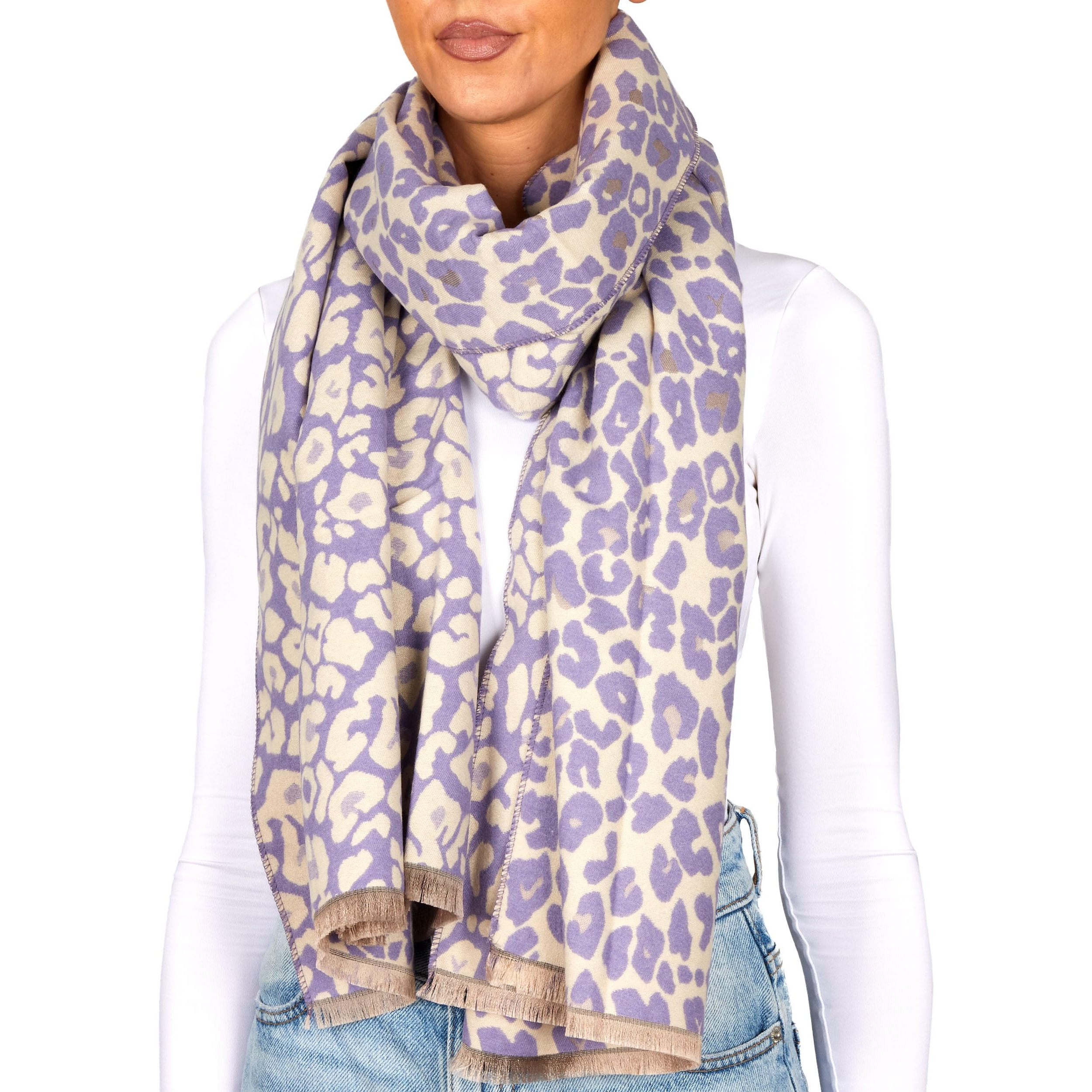 Image of Brubaker Cashmere Scarf For Women With Leopard Pattern - 70 X 200 Cm - Warm, Cozy And Oversized - Leo Women's Scarf For Autumn And Winter - Winter Scarf With Soft Cashmere Feel - Lilac Purple