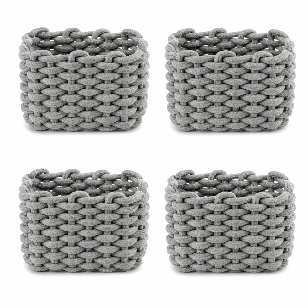 Image of Crocheted Storage Baskets – Small Organizer Baskets For Living Room & Bathroom – 20 X 15 X 12 Cm – Set Of 4 Woven Baskets Made Of Cotton Rope