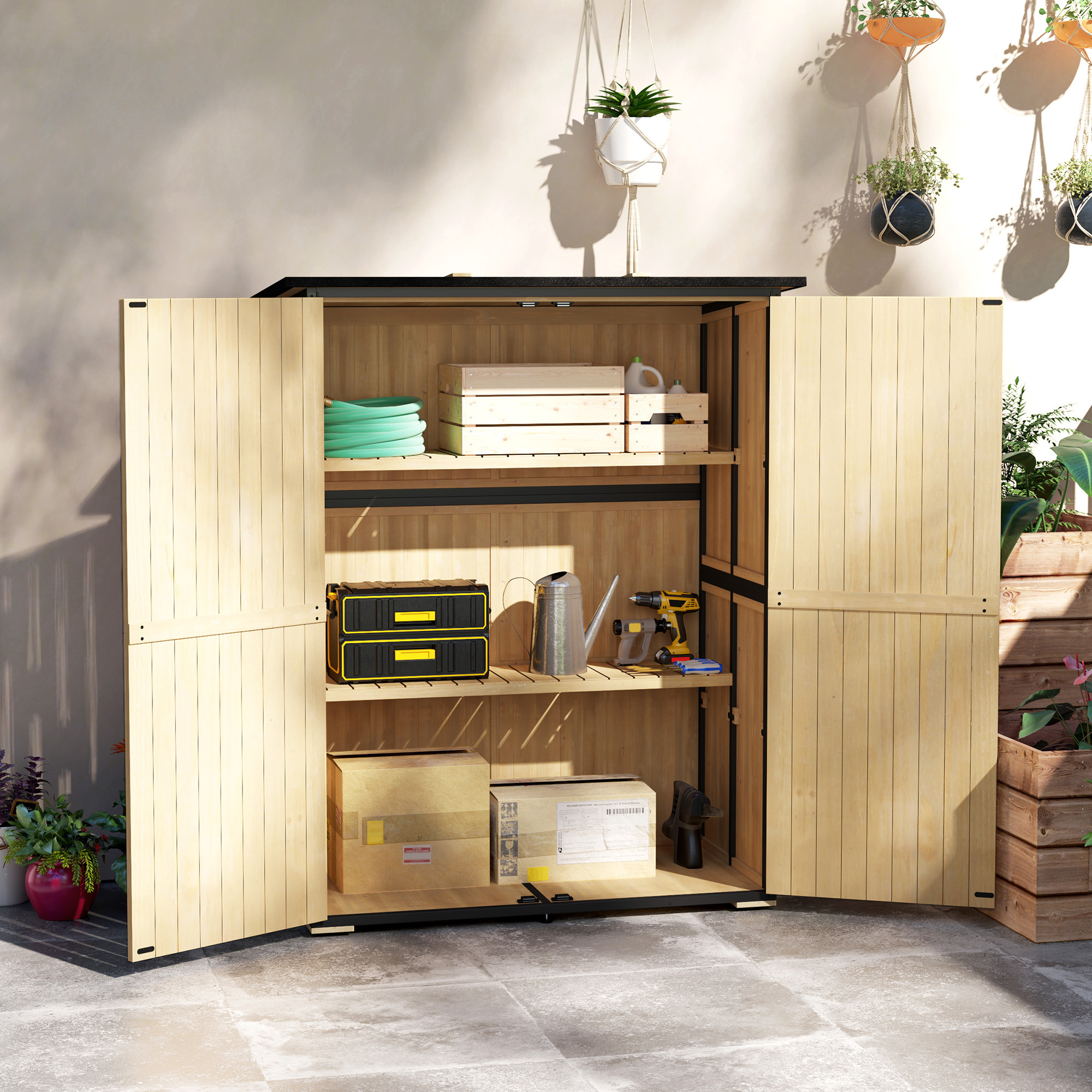 Garden Shed, Wooden Tool Shed, Weatherproof Tool Cabinet With 2 Doors, Shelves, Temporary And Removable With Asphalt Roof, Tool Cabinet For Garden, Terrace, 140 X 74 X 173 Cm, Natural Wood