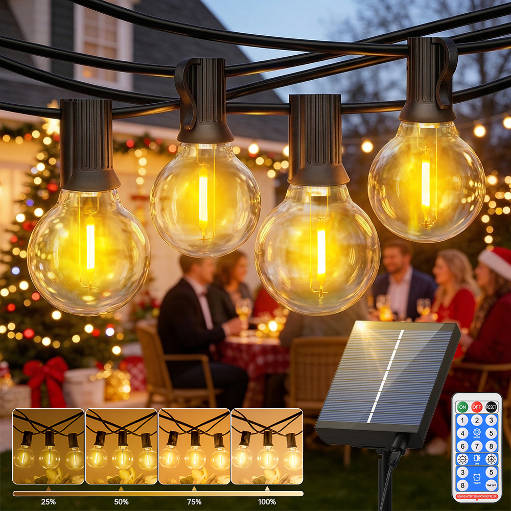 TEMU Solar Powered G40 Led String Lights 30.49/20.13/15.25m Warm White, Outdoor Shatterproof Patio Lights With 8 Remote Control Spare Bulbs, Hanging