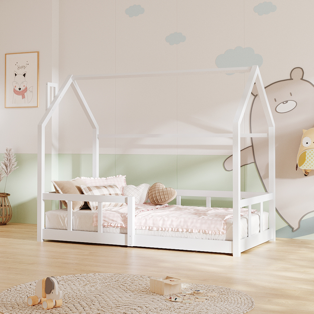 1pc Playful Treehouse Design Kids Bed Frame - 167×87×135cm Solid Pine Wood Construction, Safety Rails Included, Boys/Girls Bedroom Furniture (Mattress Excluded)