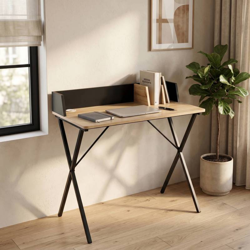 Kappespoo Desk With Cable Management, 84 X 80 X 50 Cm, Black / Oak Finish