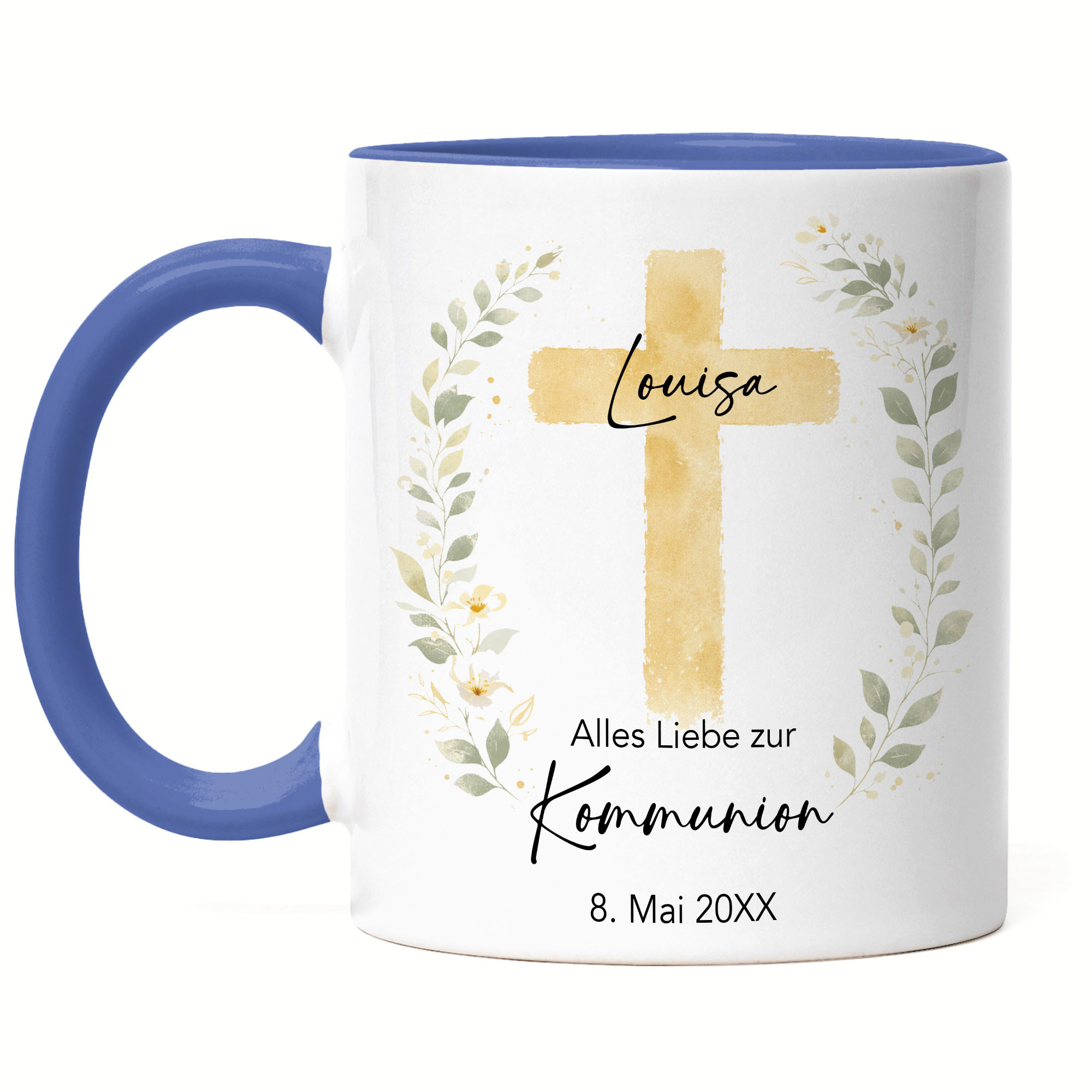 Personalized First Communion Cup With Name And Date, Holy Communion Gift For Girls And Boys, Cup With Cross Design, Keepsake, Coffee Cup With Heart Handle, Ceramic Mug