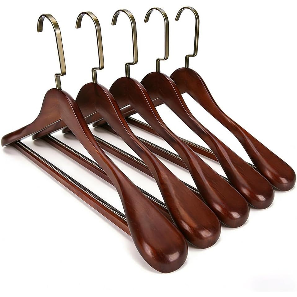 TEMU 45cm Wide Shoulder 5 Pack Wooden Coat Hangers Heavy Duty Suit Jacket Hangers With Non Slip Rubber Trouser Swivel Chrome Hook