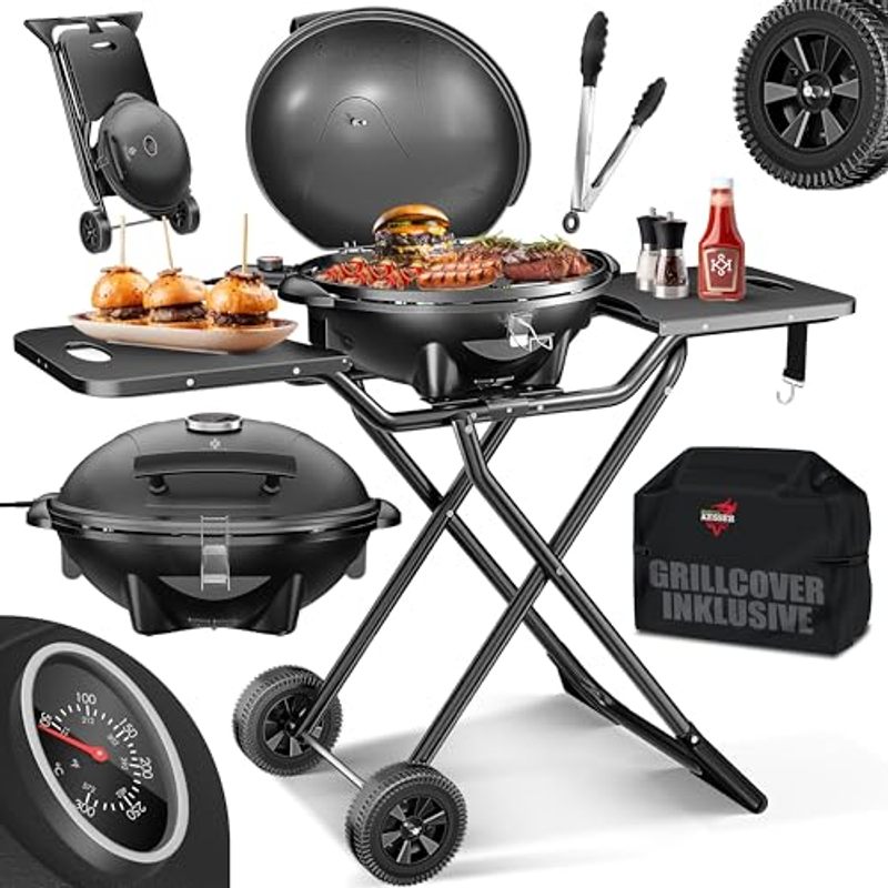 Image of Kesser® Electric Grill 2-in-1 Tabletop Grill - Stand Grill With Lid And Base | Max. 2400 Watts | Foldable | Thermometer | Coating | Grill Plate With Side Tables |