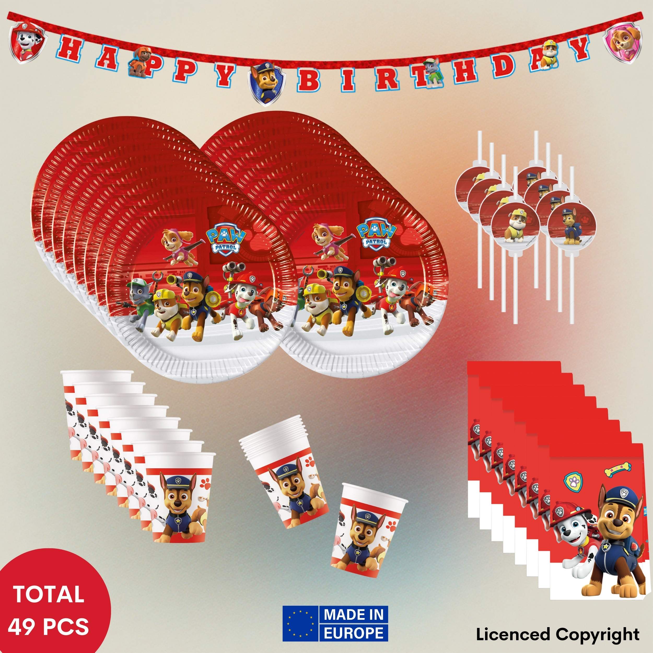 TEMU Set de fête Paw Patrol "Prêt pour l'action" de 49 pièces pour les anniversaires courageux - Inclut 1 banderole " Anniversaire", 8 , 8 sacs de