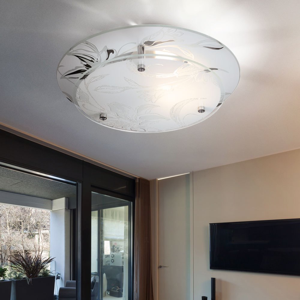 Round Glass Ceiling Light, Led E27 Ceiling Lamp, Modern Kitchen And Living Room Light, Chrome With White Floral Decor, 4w 320lm Warm White, D 25 Cm