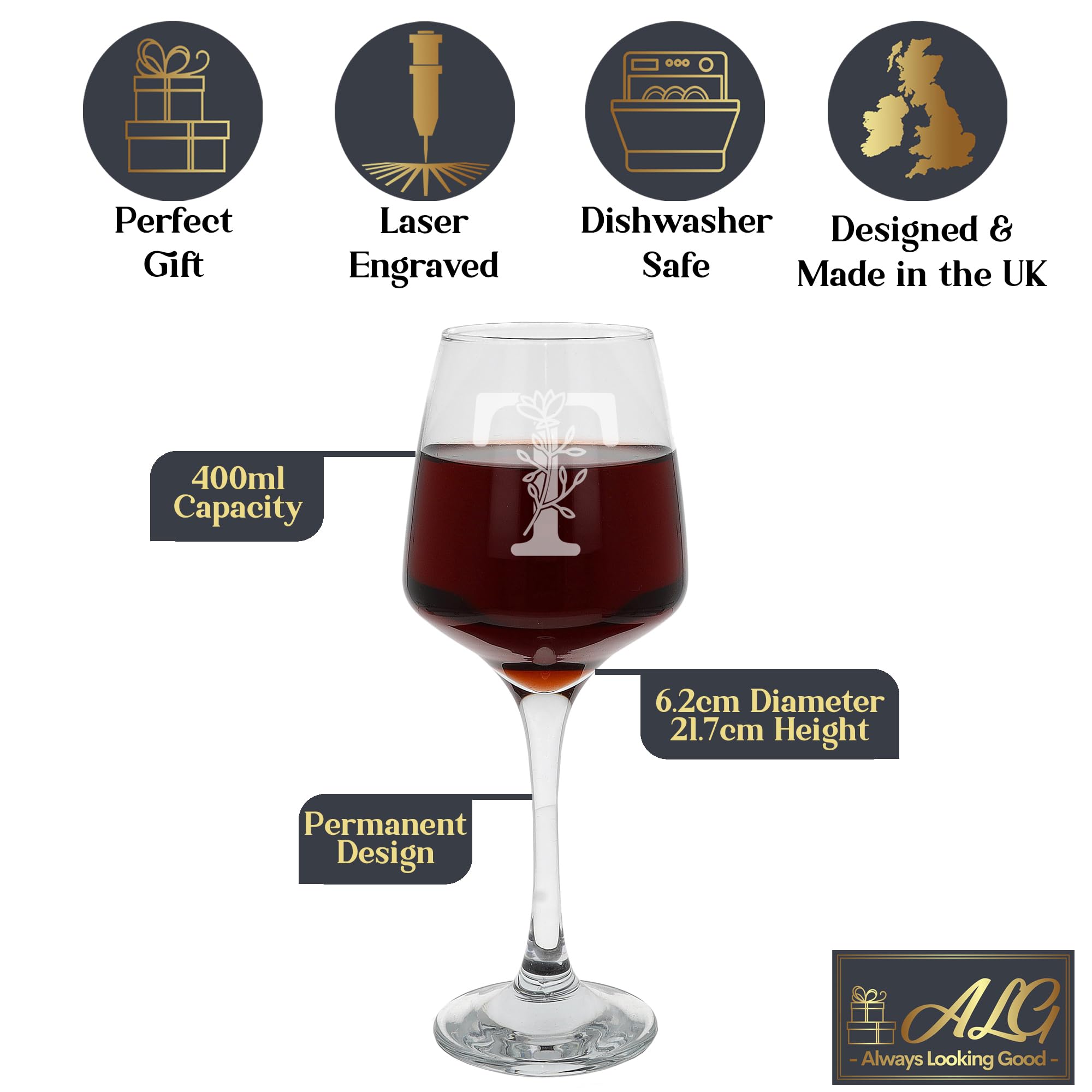 T Monogram Initial Etched Wine Glass Engraved Name