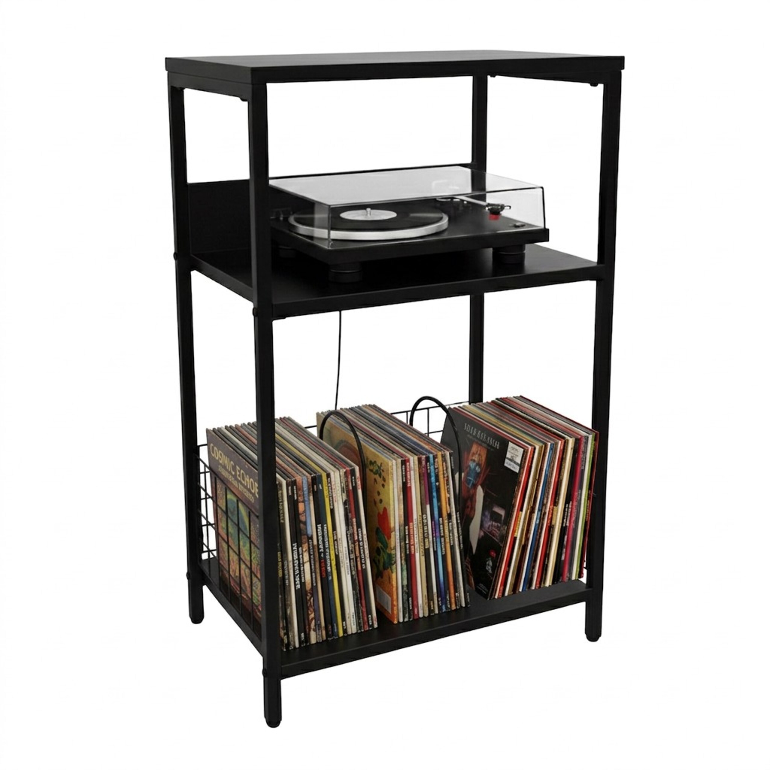 TEMU Mobile vinili, 3 ripiani, 65 x 40 x 30 cm, MDF e ferro, , con divisori sul ripiano inferiore, per soggiorno, sala musica e libri, supporto per