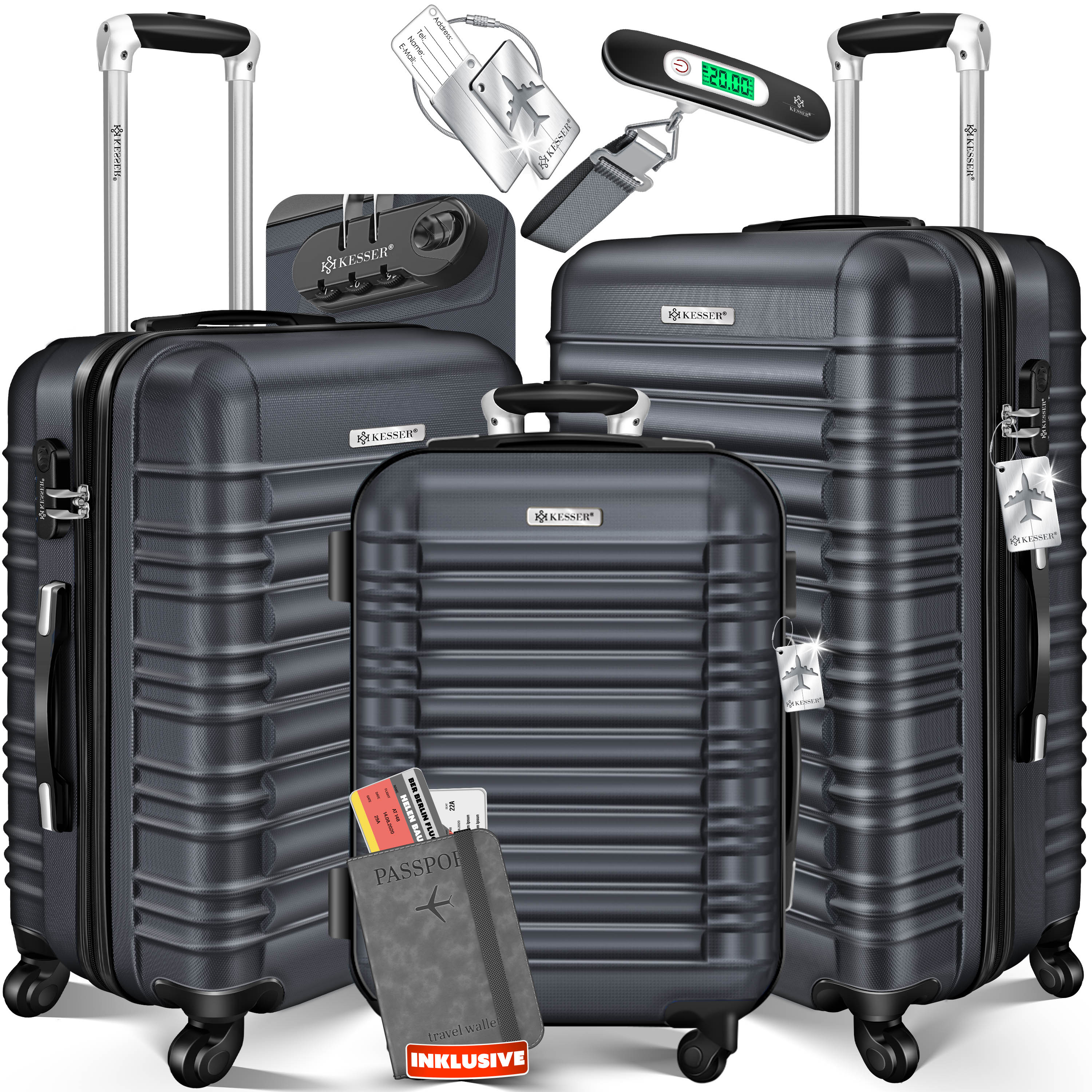 Image of Kesser® 3-piece Hardshell Luggage Set, Travel Suitcase Set With Trolley Case, 4 Wheels, Abs Hardshell, Telescopic Handle, Includes Luggage Scale + Luggage Tag, Rolling Suitcase With Lock, M-l-xl