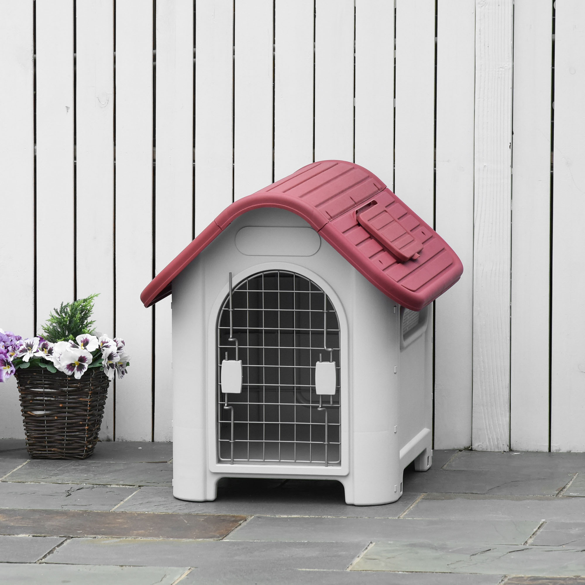 Image of Outdoor Dog House With Roof Window And Door, Waterproof Dog Shelter With Air Circulation, Small Dog Kennel For Outdoor Use, Red + Light Gray, 59 X 75 Cm