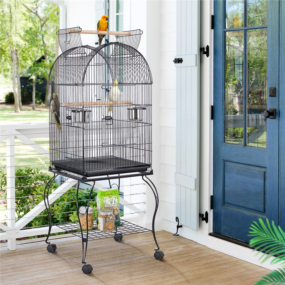 E-shop Costoffs XXL Vogelvoliere auf Rollständer Vogelkäfig 150 cm Höhe Tierkäfig mit Dachöffnung & Sitzstangen & Futternapf aus Metall & Bodenwanne &