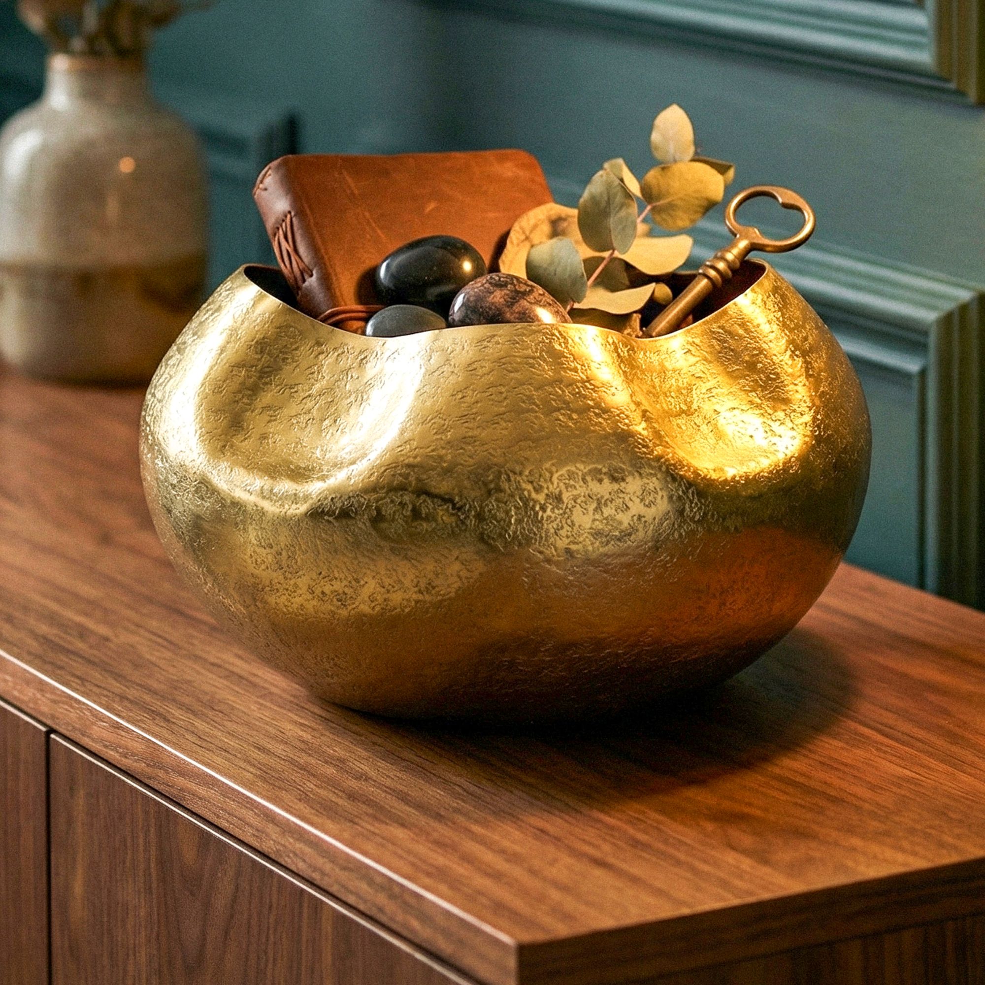 Image of Aluminum Table Vase 30cm Gold - Round Decorative Vase - Modern Metal Vase - Living Room Aluminum Decor - Designer Table Decoration Vase - Handmade Planter