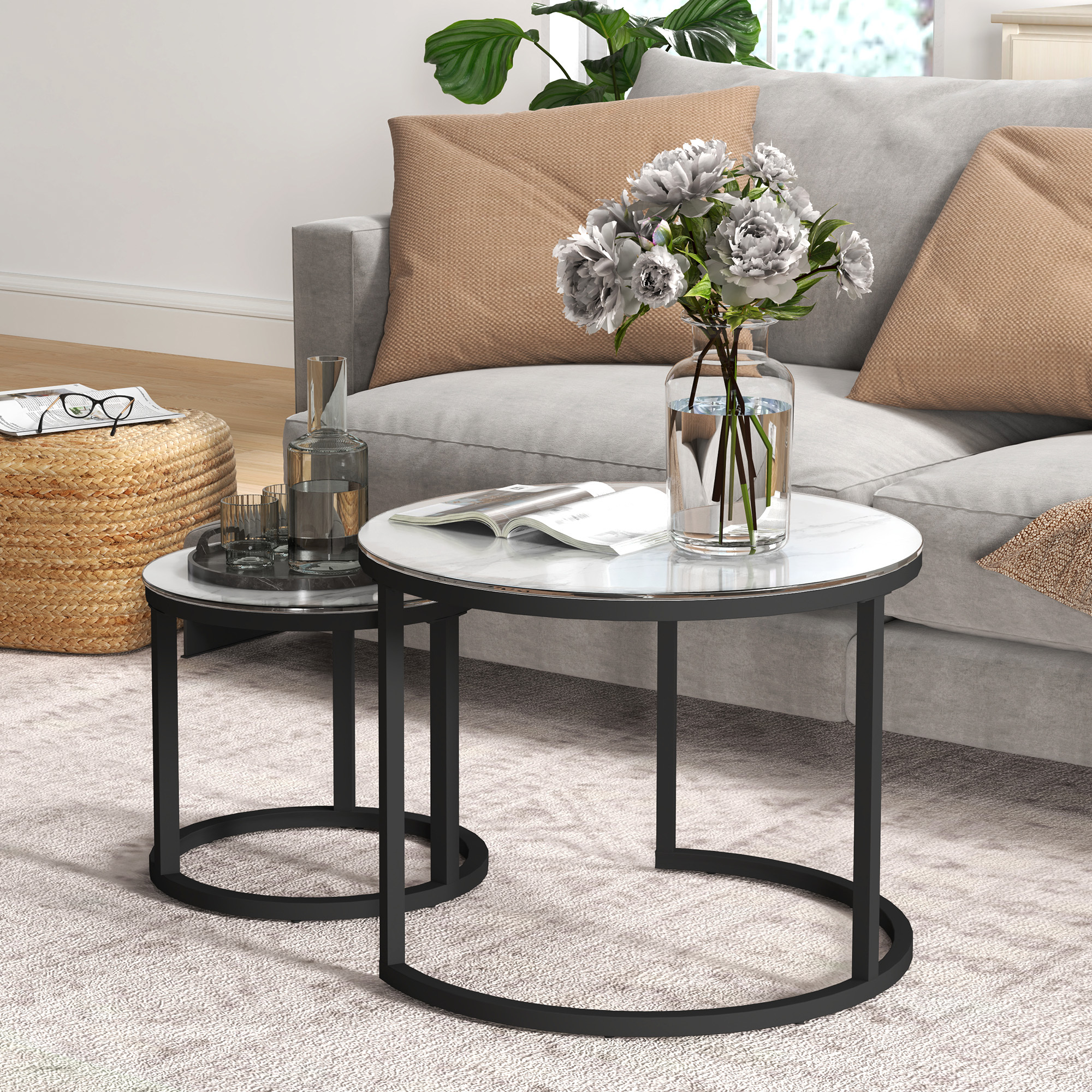 TEMU Glass Coffee Table Set Of 2, Round Nest Of Tables With Marble-effect Tempered Glass Tabletop And , Modern Side Tables For Living Room, White