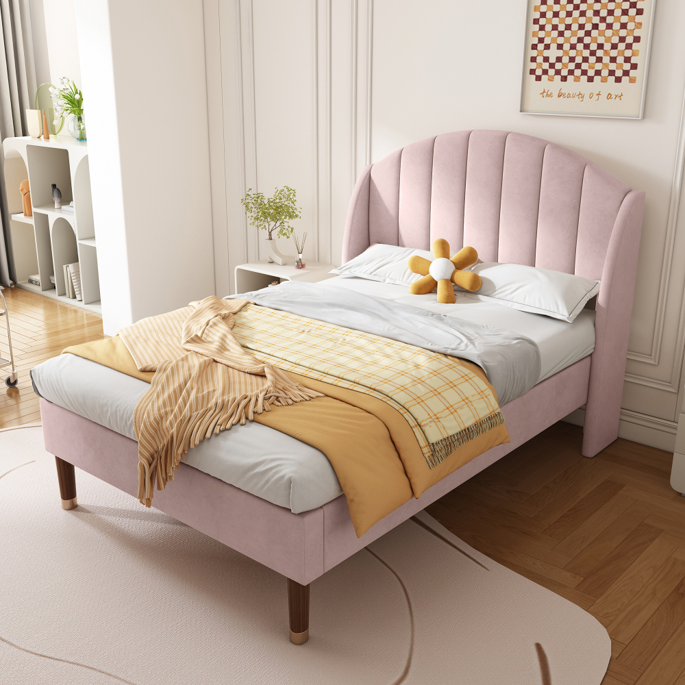 Image of Modern Upholstered Velvet Bed 90x200cm With Comfortable Headboard For Reading And Watching Tv, Ideal For Small Spaces & Guest Rooms