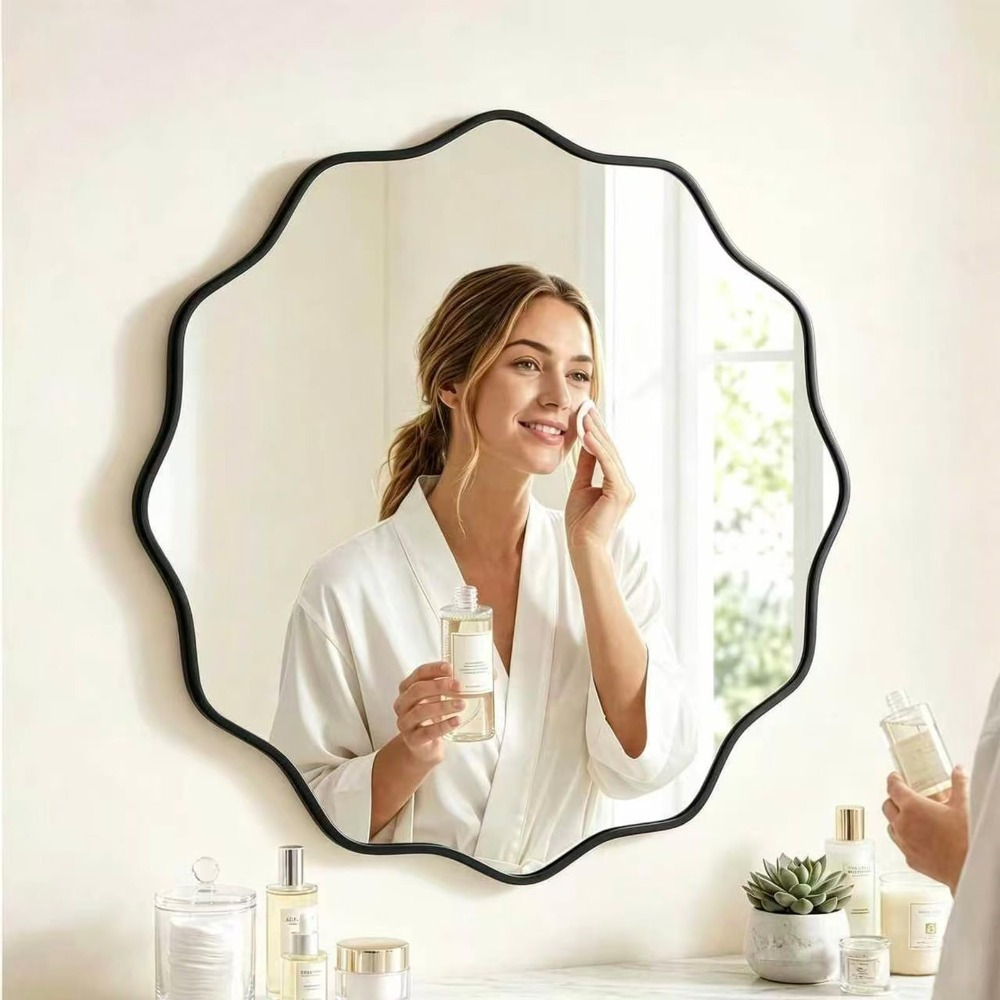 Image of Irregularly Shaped, Round Bathroom Mirror With Wavy Edge – Wall Mirror For Bedroom And Hallway Decoration