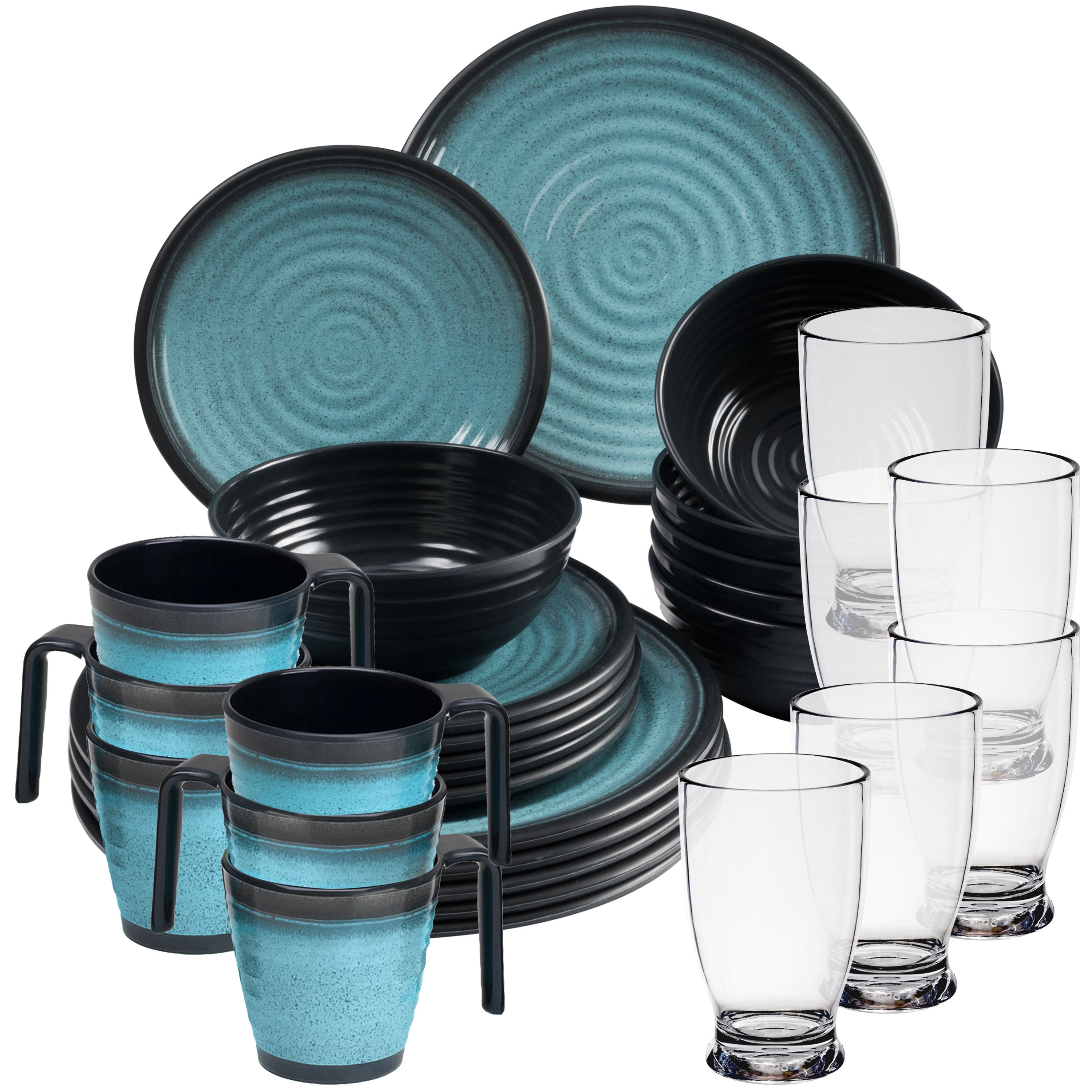 Image of 30pcs Elegant Camping Dishware In Blue With Cups, Water Glasses 380ml Clear - For 6 People Dinnerware Glasses Water Glasses Tumbler Whiskey Camping Dishware Picnic Camping Outdoor