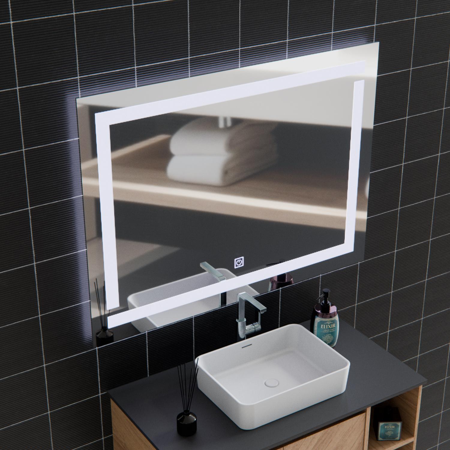 TEMU Espejo LED con garantía de 2 años, 80X60Cm, Plateado, Táctil, Luz 6000K, E28S/80X60 con garantía de 2 años