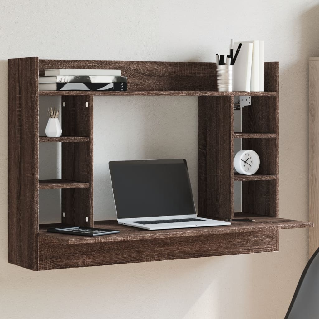 Vidaxl Wall Desk, Wall Table With Storage, Wall Desk For Office, Computer Desk Office Table Wall Shelf, Modern, Brown Oak-