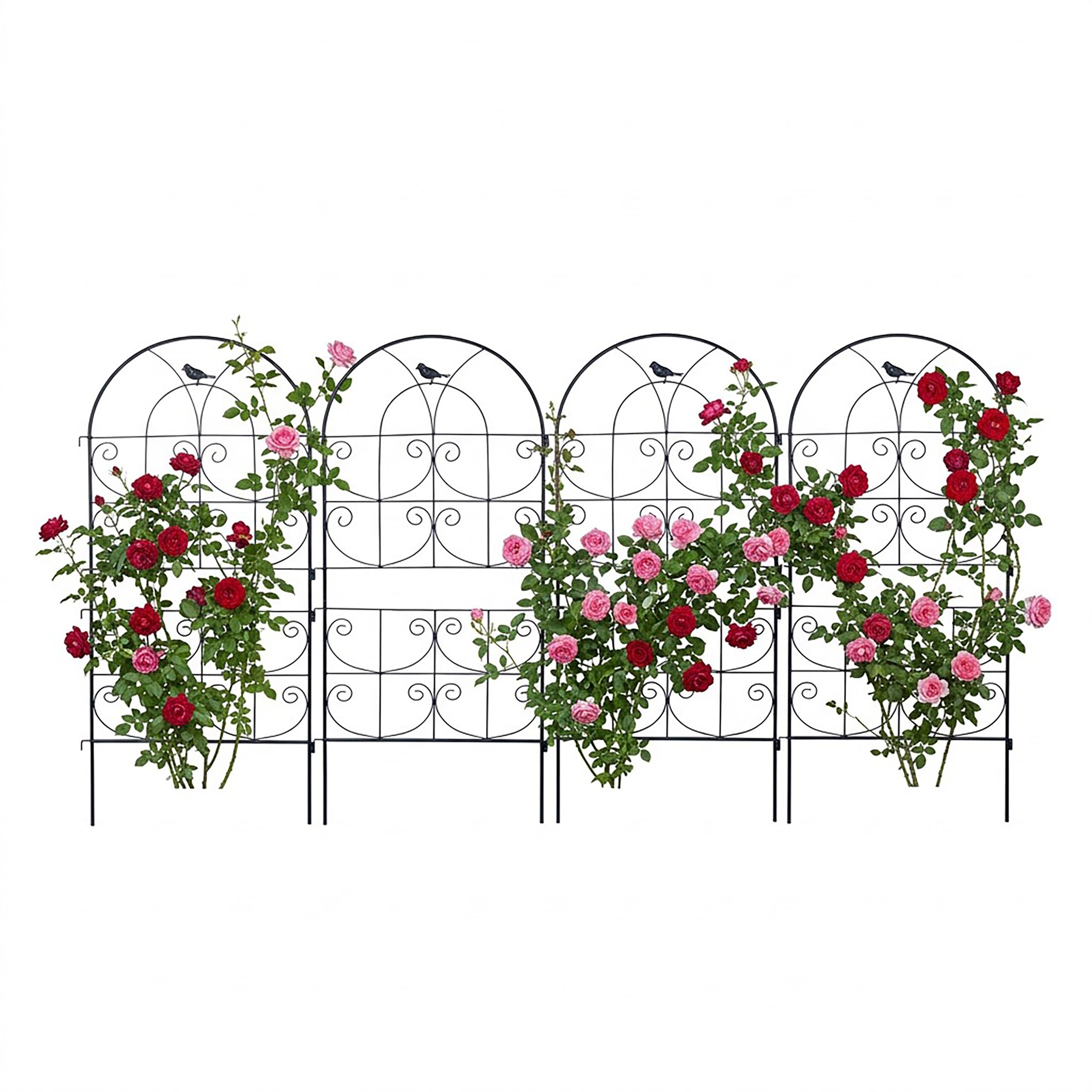 Image of Black Trellis, 4pcs Set, 116 X 50 X 1 Cm, Powder-coated Steel, Curved Struts With Bird Motif, For Roses, Ivy, , And Vines In The Garden, Rose Trellis, Plant Supports, Arbors, Relaxdays.