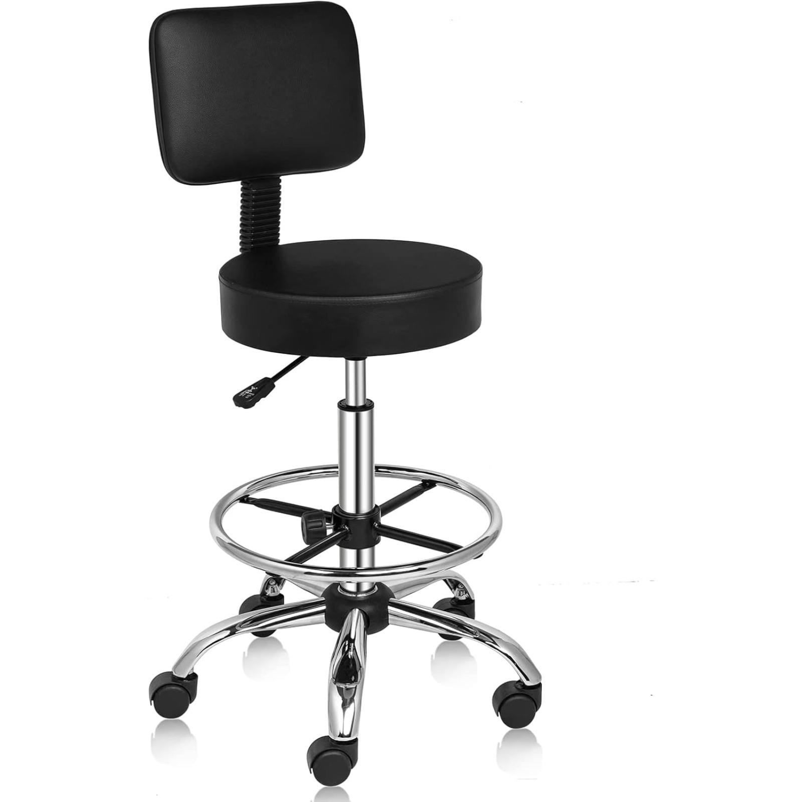 Bonnlo Height-adjustable Rolling Stool With Removable Backrest, Work Stool With Base & Ring-shaped Footrest, 136 Kg Load Capacity, Office Stool For Office/salon/bar, Black